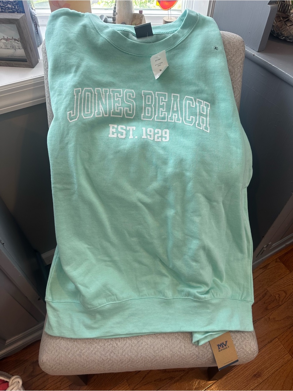 MV Sport Mint Green Crewneck Sweatshirt with White Jones Beach Print